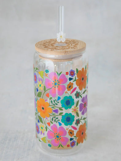 Glass Tumbler With Lid & Straw in Folk Flower 16oz