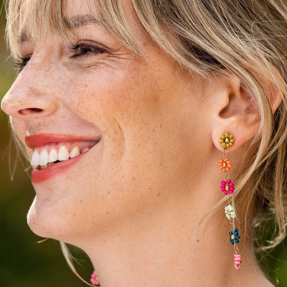 Amanda Multi Color Flower Beaded Dangle Earrings Rainbow