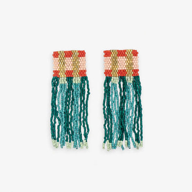 Ava Crossing Colorblock Beaded Fringe Earrings Teal + Poppy