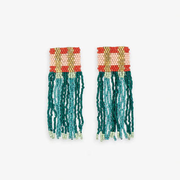 Ava Crossing Colorblock Beaded Fringe Earrings Teal + Poppy