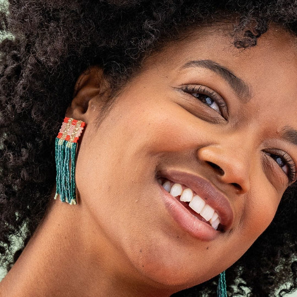 Ava Crossing Colorblock Beaded Fringe Earrings Teal + Poppy