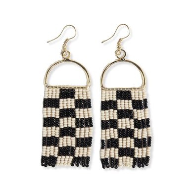 Allison Checkered Beaded Fringe Earrings in Black