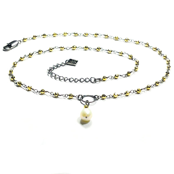 Bree Baroque Pearl Lariat Necklace in Gold Pyrite Blackened Brass Wire - 18"