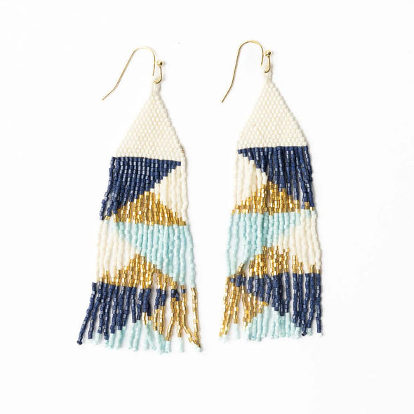 Brittany Mixed Triangles Beaded Fringe Earrings Ivory Blue