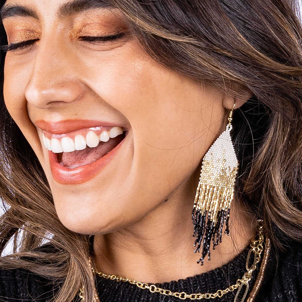 Claire Ombre Beaded Fringe Earrings Black
