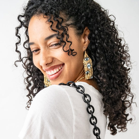 Delilah Evil Eye Beaded Fringe Earrings Gold