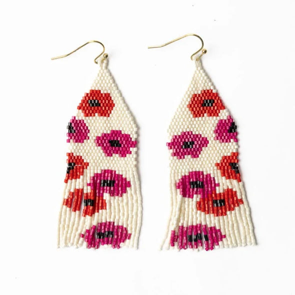 Delilah Poppies Beaded Fringe Earrings Hot Pink/Red