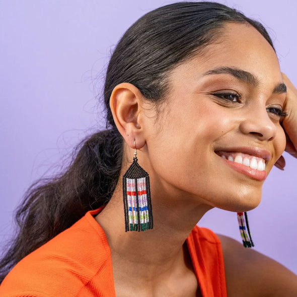 Dolly Striped Center With Black Border Beaded Fringe Earrings Rio