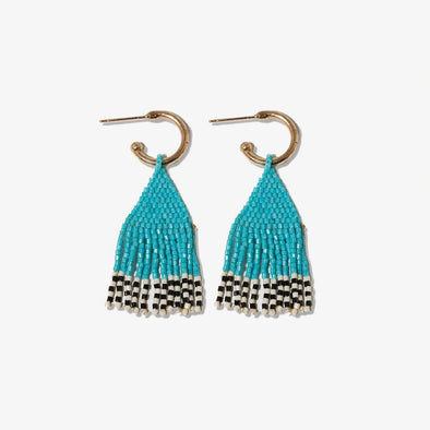 Leta Mini Gold Hoop Solid With Black/White Bottom Beaded Fringe Earrings Turquoise
