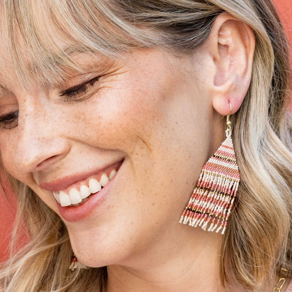 Lexie Horizontal Stripe Beaded Fringe Earrings Light Pink