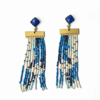 Lilah Semi-Precious Stone Post Beaded Fringe Earrings Blue