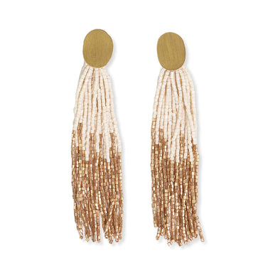 Mae Oval Brass Post 2-Color Beaded Tassel Earrings Ivory