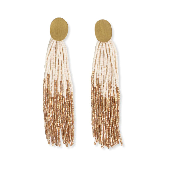 Mae Oval Brass Post 2-Color Beaded Tassel Earrings Ivory