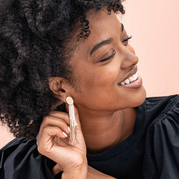 Mae Oval Brass Post 2-Color Beaded Tassel Earrings Ivory