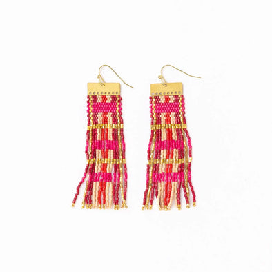 Mckenzie Brass Bar Long Fringe Earrings Hot Pink + Gold