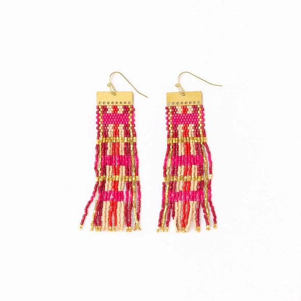 Mckenzie Brass Bar Long Fringe Earrings Hot Pink + Gold