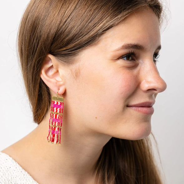 Mckenzie Brass Bar Long Fringe Earrings Hot Pink + Gold