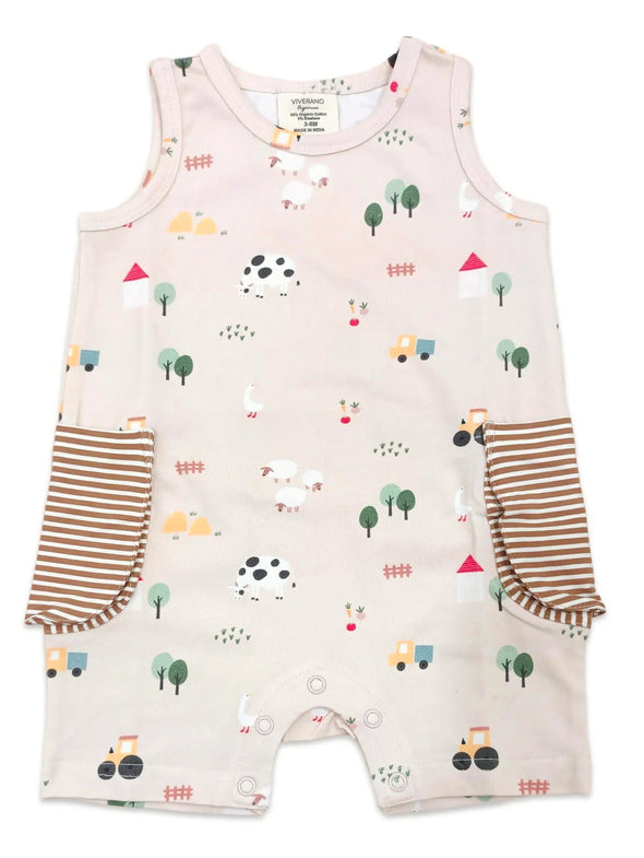 Farm Side Pocket Baby Romper in Tan