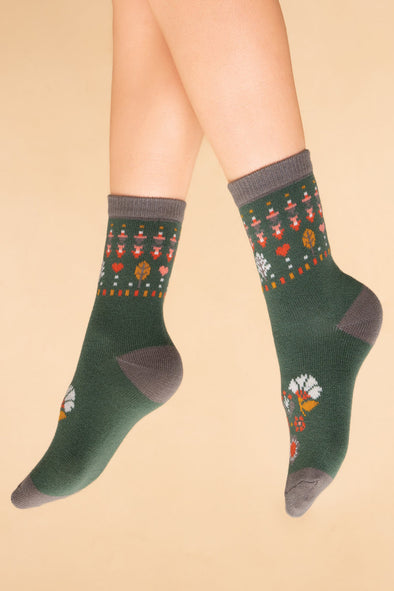 Art Deco Floral Knitted Socks in Olive