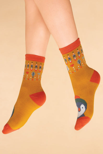 Penguin Knitted Socks in Mustard