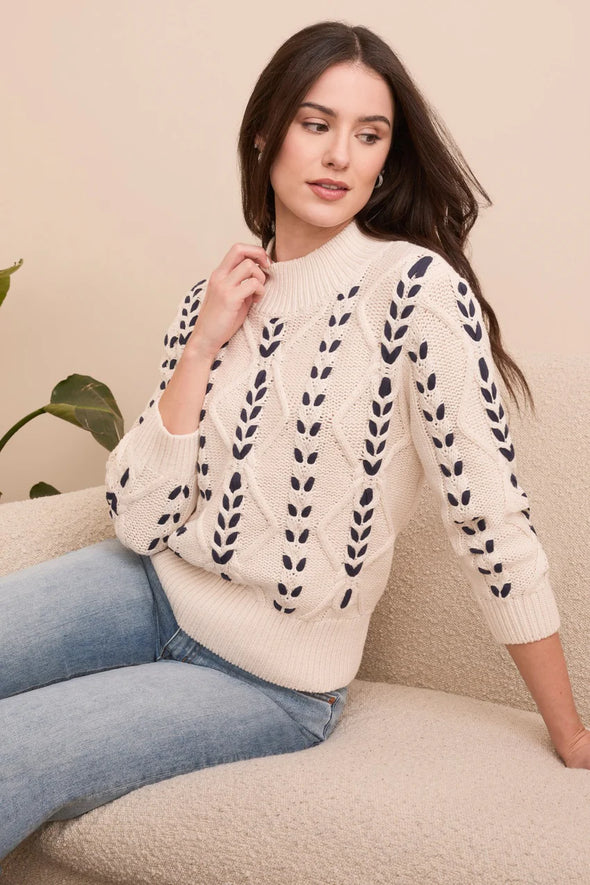Cable Knit 3/4 Sleeve Mockneck Sweater in Moonstone