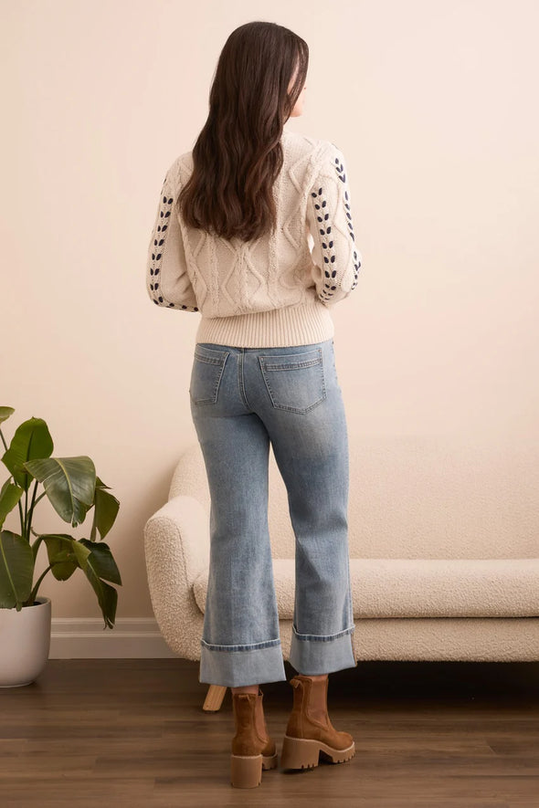 Cable Knit 3/4 Sleeve Mockneck Sweater in Moonstone