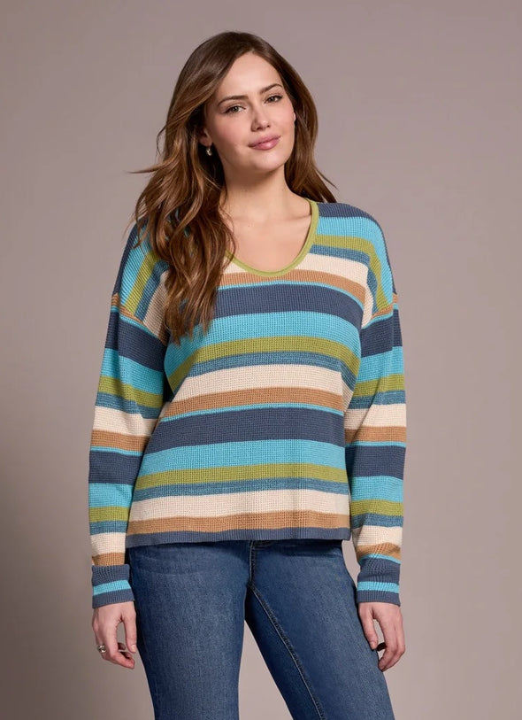 Striped U-Neck Waffle Sweater in Wasabi