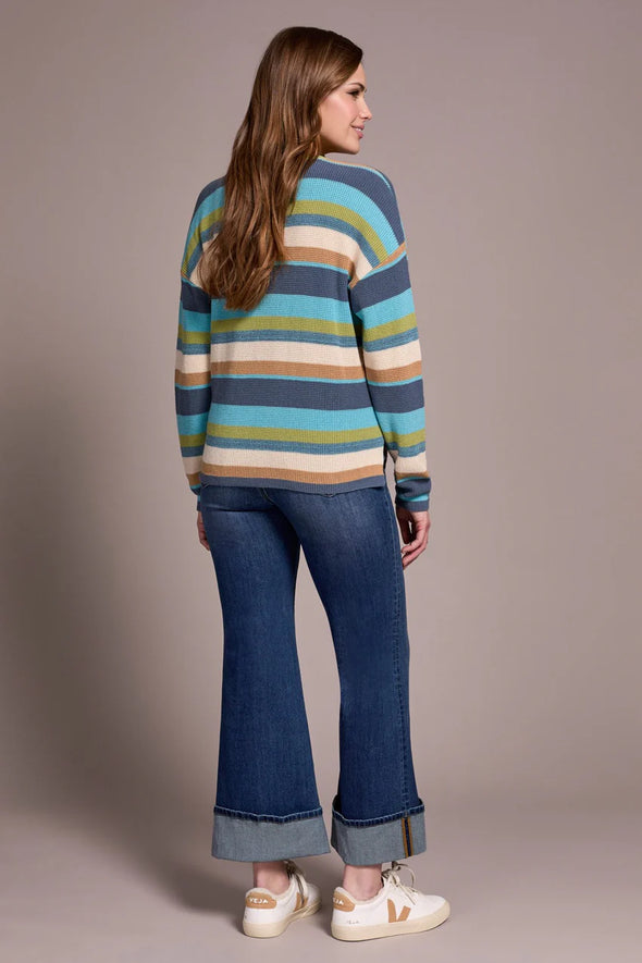 Striped U-Neck Waffle Sweater in Wasabi