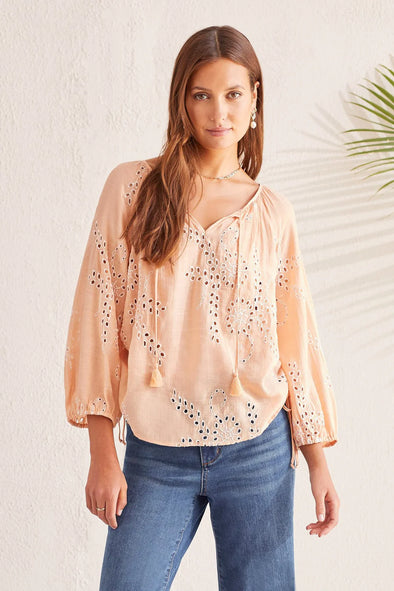 Embroidered 3/4 Sleeve Blouse in Peach Sun