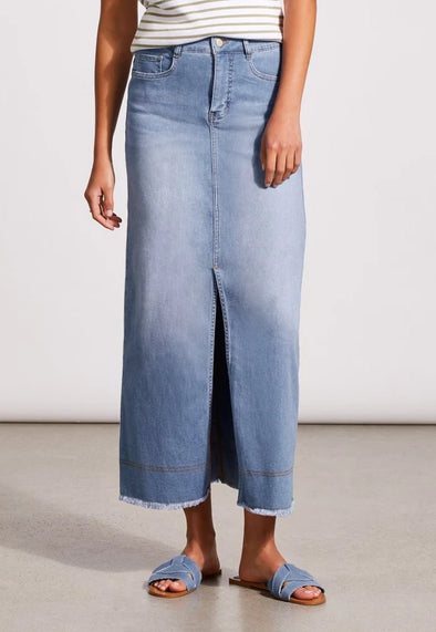 Denim Maxi Skirt with Front Slit in Sky Blue