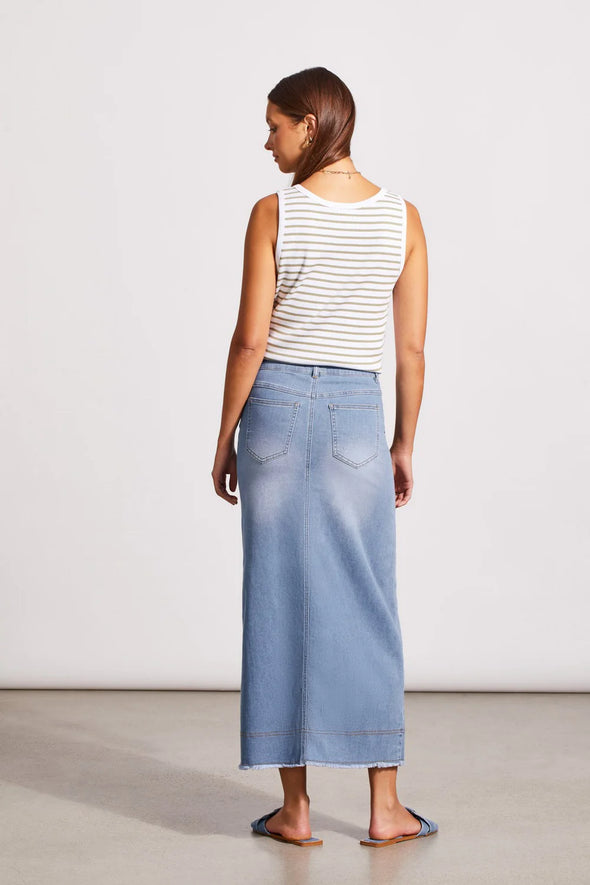 Denim Maxi Skirt with Front Slit in Sky Blue