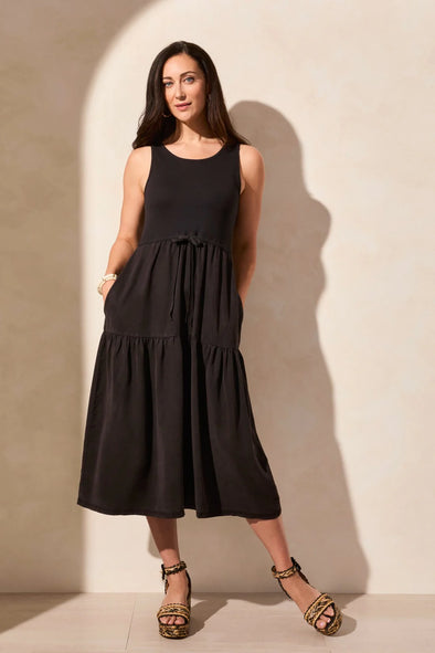 Mixed Media Tiered Dress in Black
