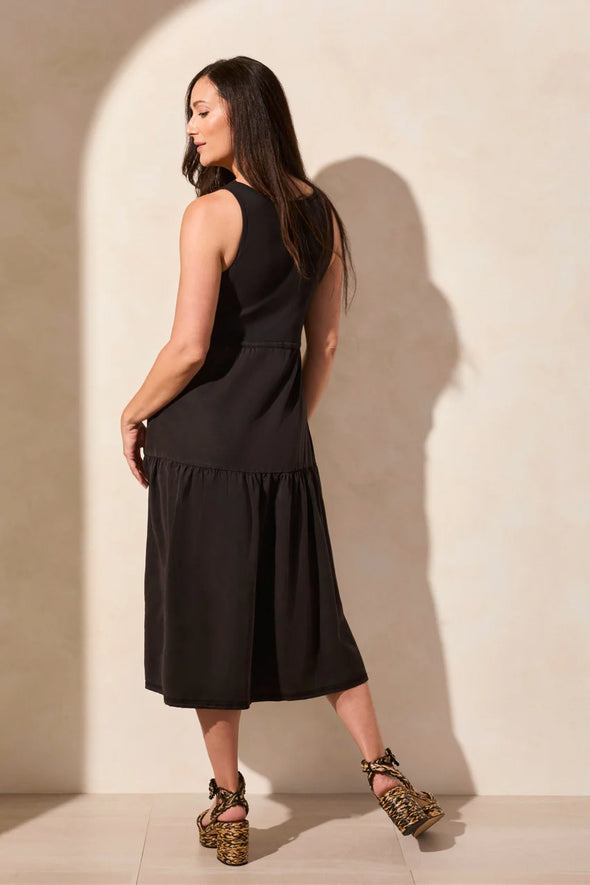 Mixed Media Tiered Dress in Black