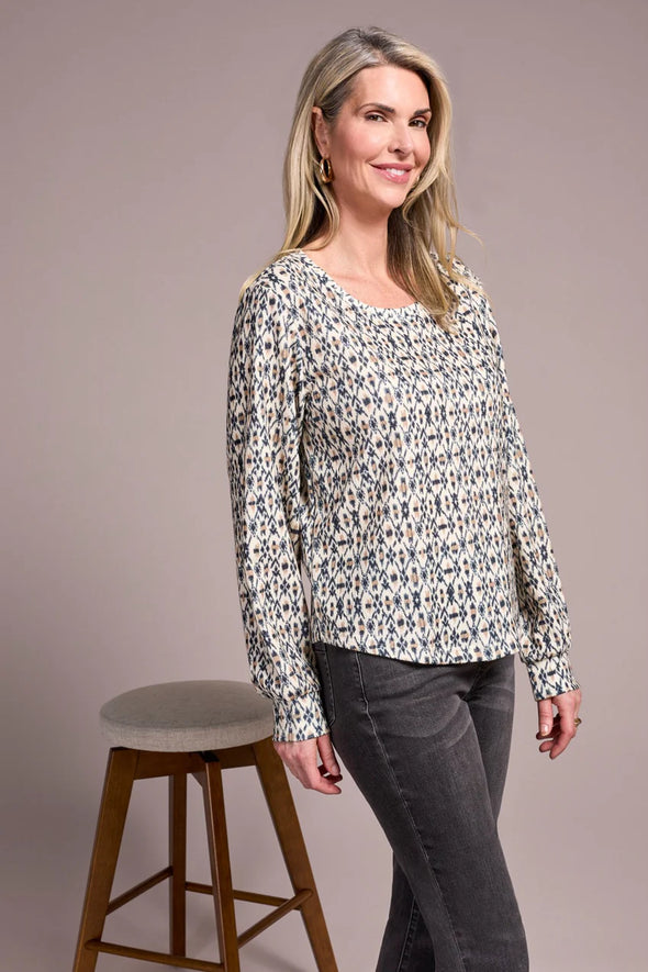 Printed Long Sleeve Crew Neck Top in Icelatte