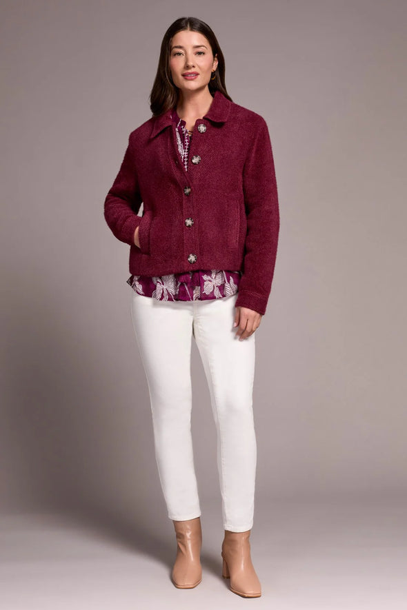 Boucle Button Front Jacket in Wine