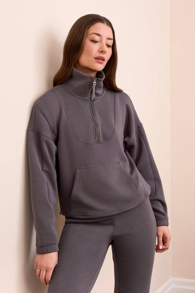 Techno Luxe Mock Neck Zip Top in Charcoal