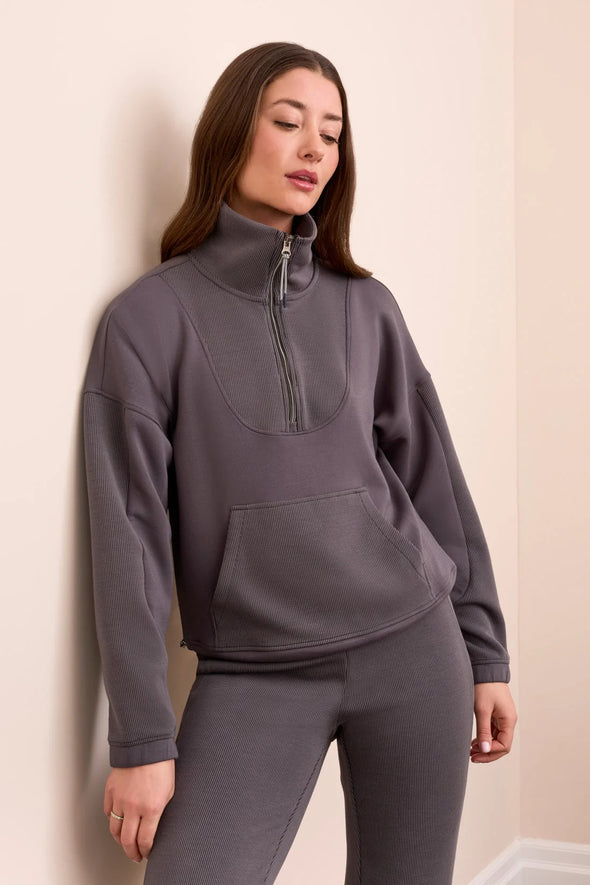 Techno Luxe Mock Neck Zip Top in Charcoal