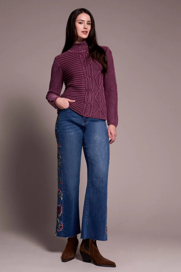 Cable Knit Mock Neck Sweater in Passion Plum