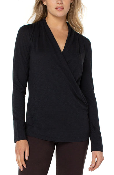 Long Sleeve Wrap Front Top in Black