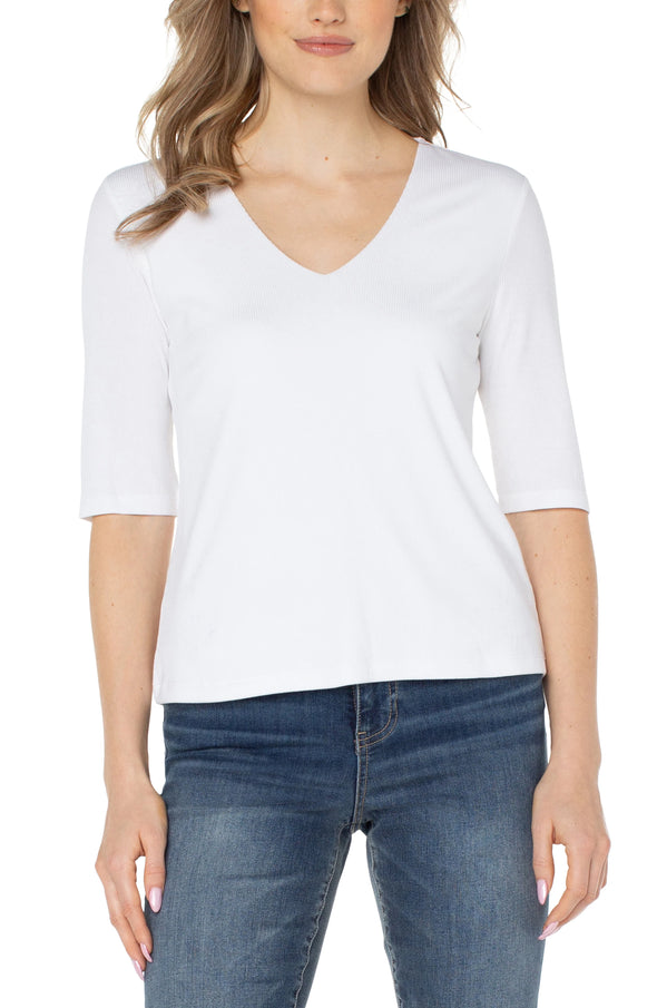 Double Layer V-Neck Elbow Sleeve Top in Cream