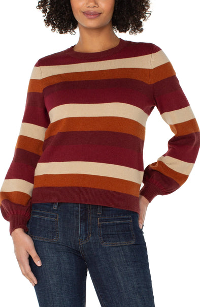 Crew Neck Sweater in Burgundy Multi Stripe