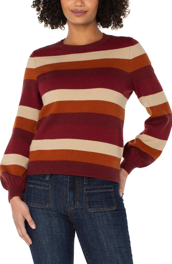 Crew Neck Sweater in Burgundy Multi Stripe