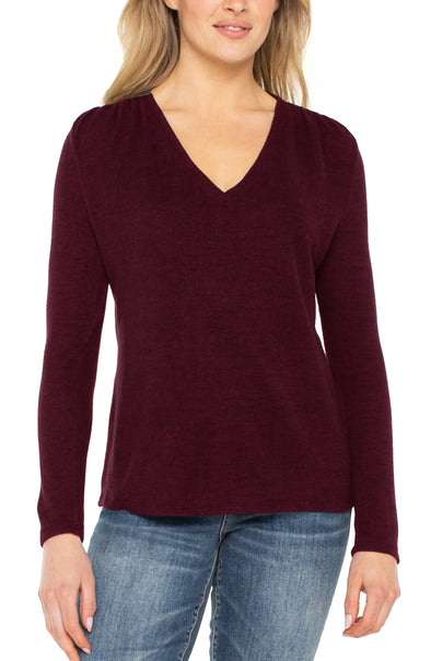 Long Sleeve V-Neck Knit Top in Maroon Melange