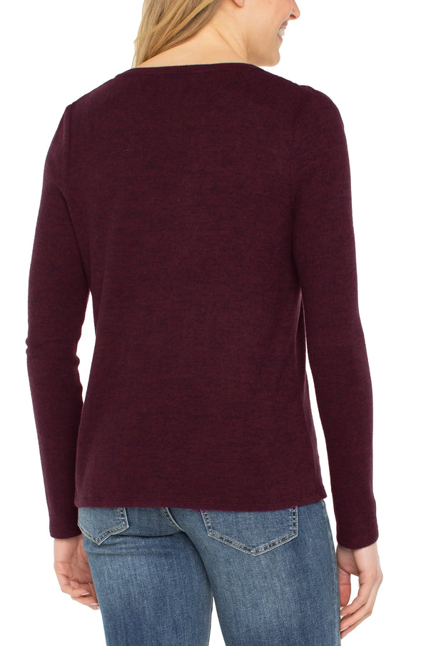 Long Sleeve V-Neck Knit Top in Maroon Melange