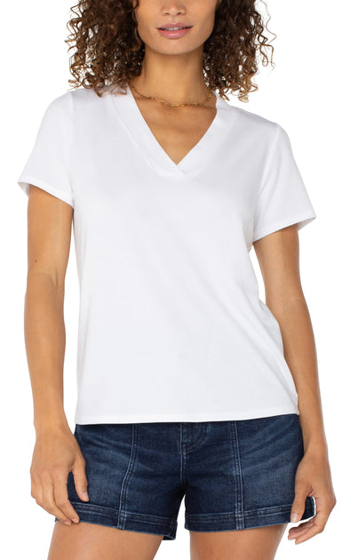 White Short Sleeve V-Neck Knit Tee