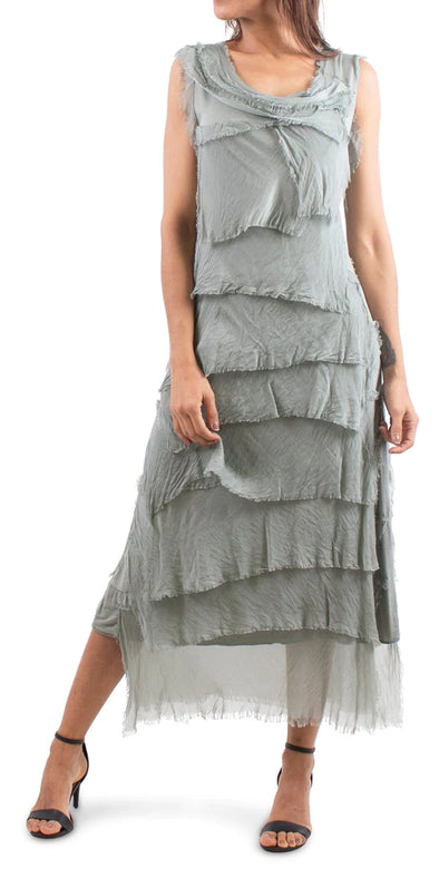 Silk Ruffled Long Dress in Olive