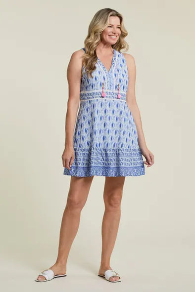 Poplin Embroidered Sleeveless Dress in Pacific