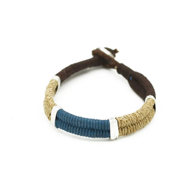 Men's Aadi Blue and Tan Jute, Beads, and Leather Bracelet