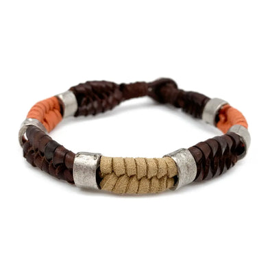 Men's Aadi Brown and Orange Leather and Metal Beads Bracelet