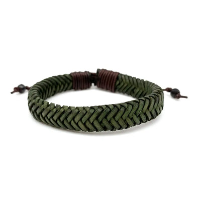 Men's Aadi Dark Green Braided Leather Pull Tie Bracelet
